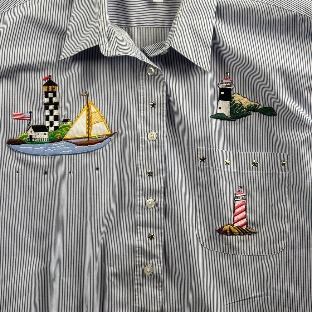 Nautical Lighthouse Embroidered Shirt XL Blue Stripe Coastal‎ Button Up Resort - Picture 3 of 13
